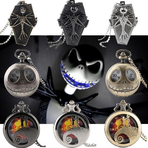 Tim Burton The Nightmare Before Christmas Quartz Pocket Watch Jack Skellington Pendant Retro Bronze Jewelry Fob Necklace Watches