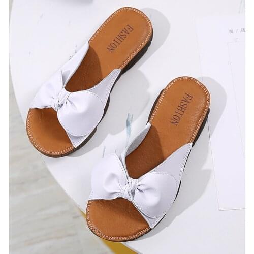 WomenS Slippers Summer Fashion New Style Bowknot Soft Bottom Wide Foot Leather Wear-Resistant WomenS Slippers Size 35-40