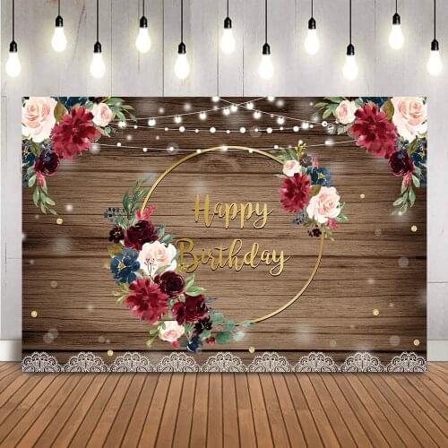 Burgundy Floral Backdrop Womens Birthday Party Decoration Banner Rustic Wooden Floor Lace 16th 18th 21th photo shoot props