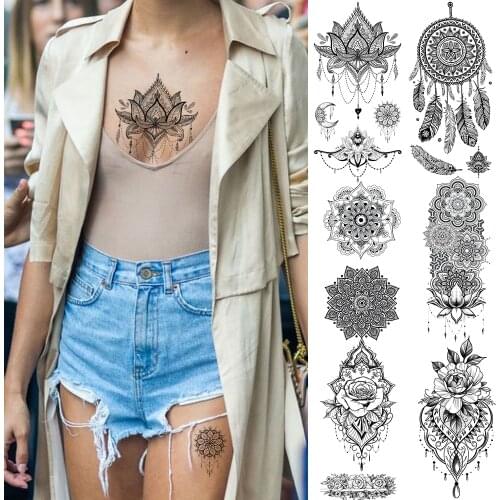 Jewelry Large Temporary Tattoos For Women Dreamcatcher Black Henna Fake Tattoo Feather Flower Sexy Disposable Waist Chest Tatoos