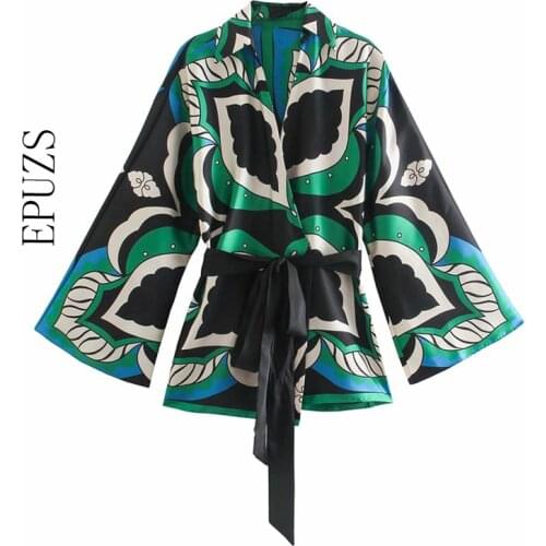 ZA 2021 With Belt Printed Wrap Kimono Blouses women Vintage Three Quarter Sleeve Shirts Streetwear lady tops