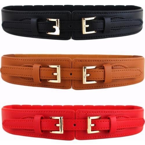 Women Ladies Vintage Double Buckle Elastic Belt Faux Leather Dress Waistband NEW BLTLL0503