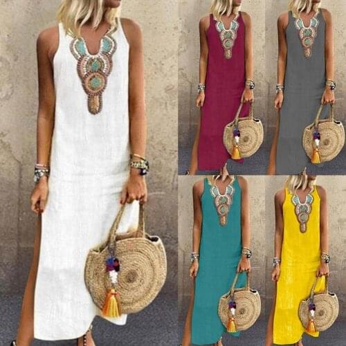 70% Hot Sell Summer Women Paisley Print V Neck Sleeveless Split Maxi Linen Loose Kaftan Dress