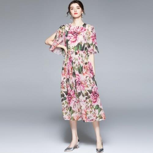 Runway Designer Summer Dresses Womens Flare Sleeve Romantic Peony Flower Print Beach Dress Robe Ete 2021 k8899