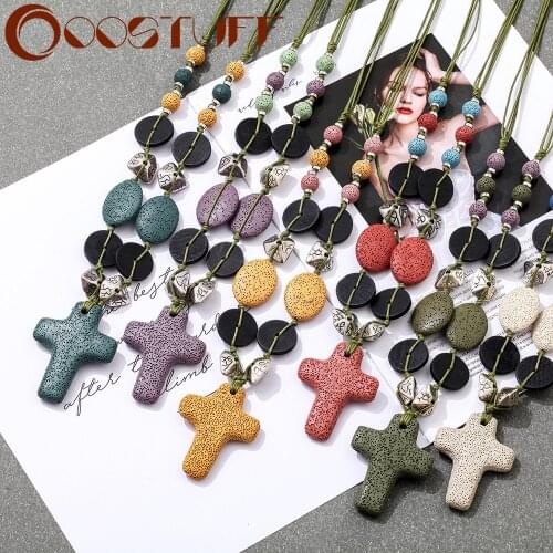 Handmade Beautiful Lava Nature Stone Cross Pendant Long Rope Necklaces Jewelry For Womens Neck Decoration Suspension Wholesale