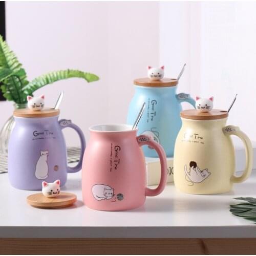450ml Cartoon Ceramics Cat Mug With Lid and Spoon Coffee Milk Tea Mugs Breakfast Cup Drinkware Novelty Gifts