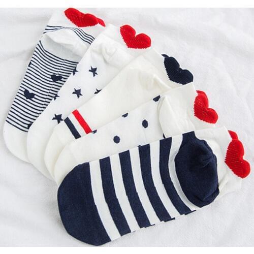 5Pairs/lot Women Cotton Striped Socks Cute Ankle Socks Short Women Socks Casual Animal Ear Red Heart Gril Socks 35-40