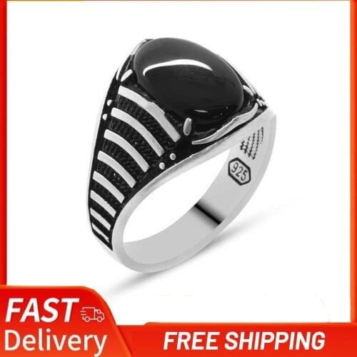 925 Sterling Silver Staircase Pattern with Onyx Stone Man Vintage Casual Ring Size Jewelry Design Quality Best Gift Fashion 2021