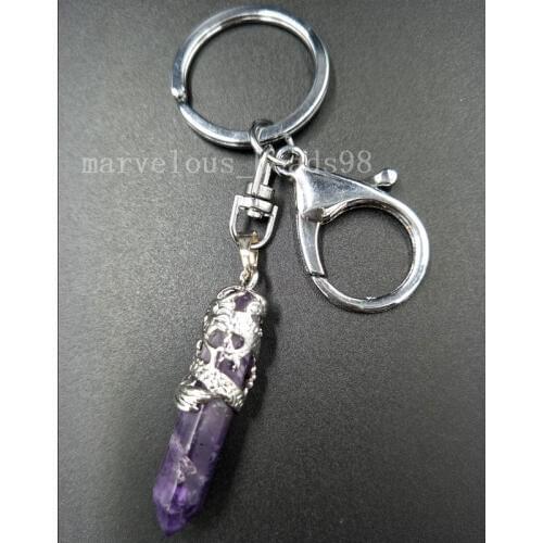 Free Shipping Beautiful jewelry Natural Purple Crystal Hexagonal Pointed Reiki Chakra Key Chain Hang Pendant bag MC5071