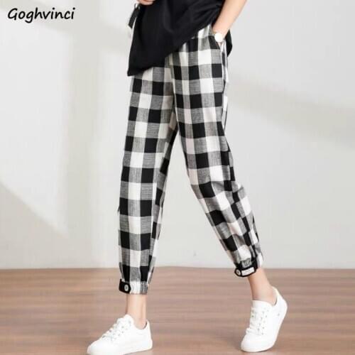 Plaid Pants Women Ankle-length Casual Harem Trousers Womens Drawstring Loose Elegant Thin Chic Stylish Office Ulzzang All-match