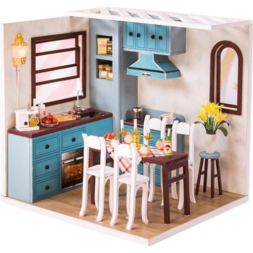 DIY Wooden Miniature Dollhouse Kitchen Toy Kits with Furniture and Accessories, Assembling Birthday Toy Gift for Children Teens