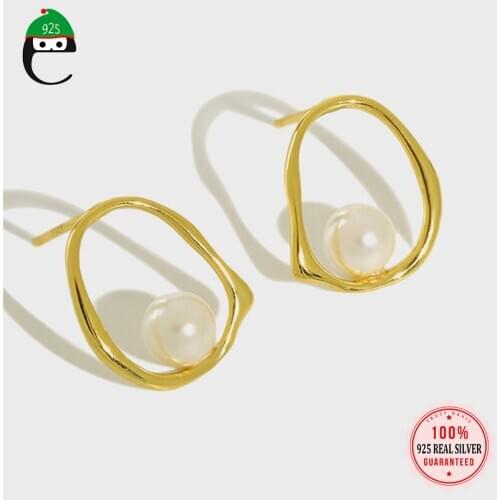 ElfoPlataSi Real 925 Sterling Silver Fashion Irregular Geometry Synthesis Pearl Stud Earring For Women Wedding Jewelry DD226