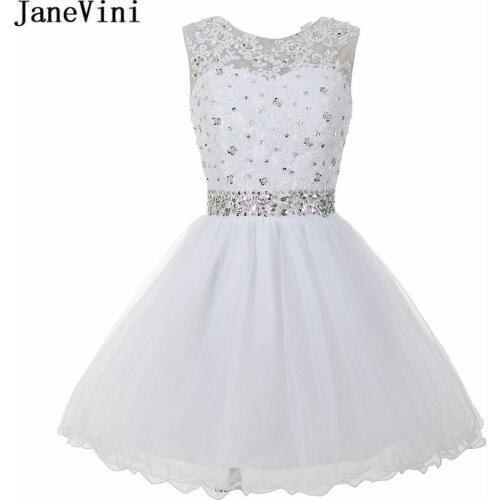 JaneVini Charming White Tulle Mini A Line Homecoming Dresses Sleeveless Lace Appliques Beaded Plus Size Short Formal Prom Gowns