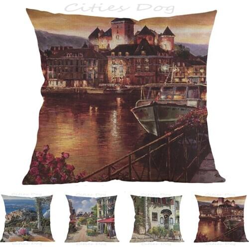 Idyllic French Annecy night view town painting art 45*45cm square pillow case Cushion cover bar sofa pillow cushion coves