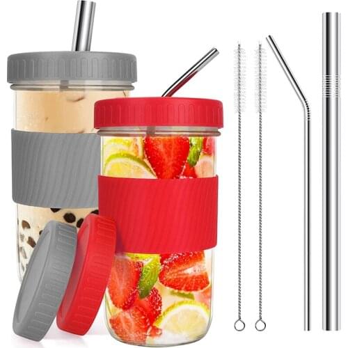 22Oz Reusable Boba Cup Mason Jar Cups with Lids and Straws Smoothie Cup Wide Mouth Bubble Tea Cup Travel Mug