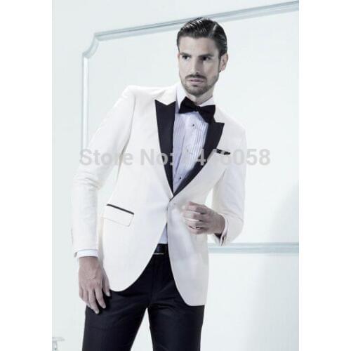 Mens 3 Piece Suits White Tuxedo Jacket Black Lapel Custom Made Best Man Suit Wedding Groomsman Mens Wedding Suits With Pants