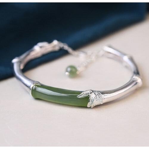 Retro Chinese Style S925 Sterling Silver Bamboo Inlaid Natural Ornament