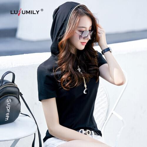 Lusumily 2021 New Hooded Zipper T-shirt Women Black T Shirt Summer Short Sleeve Korean Style Tee Plus Size 3xl Tshirt Girls Tops