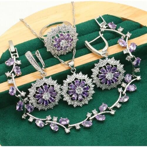 New Purple Zircon 925 Silver Jewelry Sets for Women Wedding Bracelet Earrings Necklace Pendant Ring Birthday Gift 4PCS