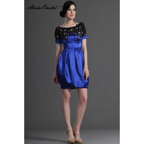 Formal Womens Dress Short Elegant Cap Sleeve Blue Satin Black Lace Mother of the Bride Dress Knee Length