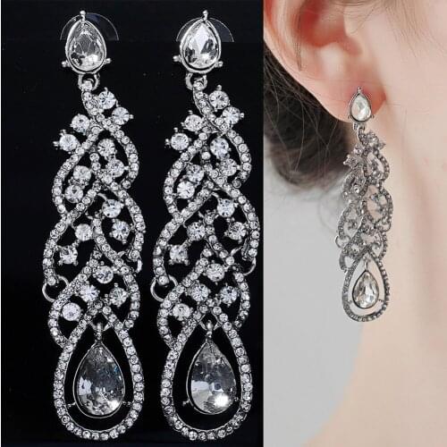 Hot A pair Long Teardrop Shaped Earring Elegant Rhinestone Costume Jewelry Set for Daily Wedding Prom Anniversary NOV99