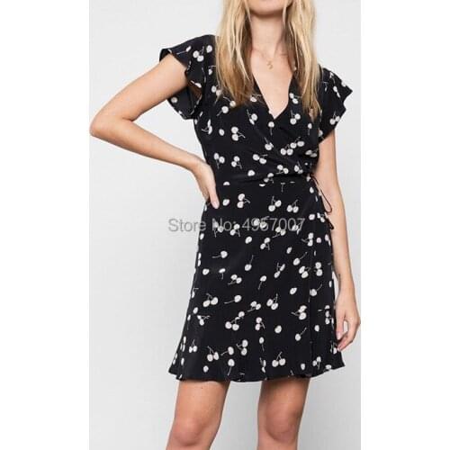 Silk 100% Vintage Women Cherry Printed Short Mini Dress - 2019 Spring Summer Fashion New Dress