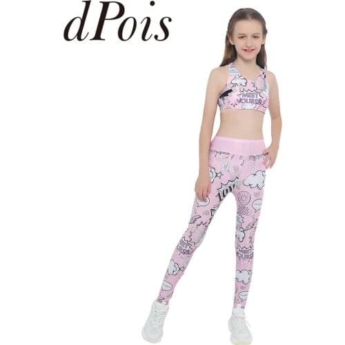 Children Girls Printed Cartoon Sportswear Crop Tank Top Long Pants 2 Pcs Yoga Sets Tracksuit Kids Ballet Gym Workout Clothes