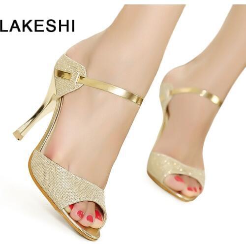 LAKESHI Peep Toe Women Pumps High Heel Shoes Gold Silver Women Heel Shoes Fashion Thin Heels Sandals Summer Women Shoes