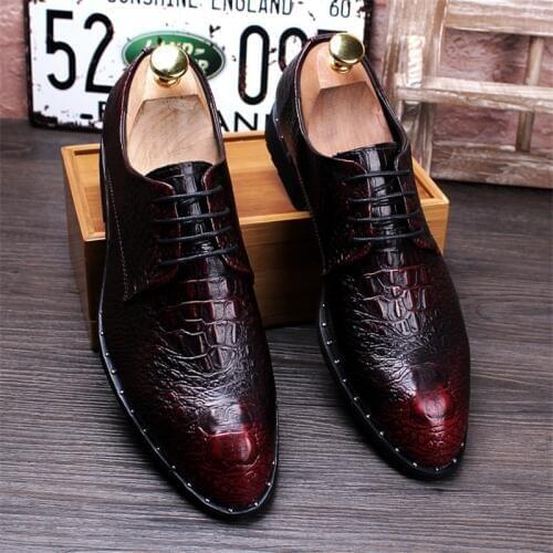 Mens Crocodile Pattern Wedding Dress Leather Shoes Fashion Lace-Up Party Shoes Mens Business Office Oxfords Flats Size 40-45