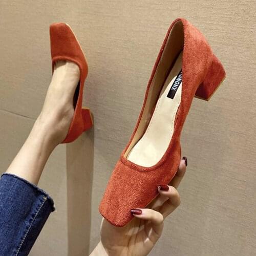 Simple Comfort Square Mid-Heeled High Heels Shoes Woman 2021 Retro Suede Square Toe Black Office Work Shoes Ladies Female Pumps