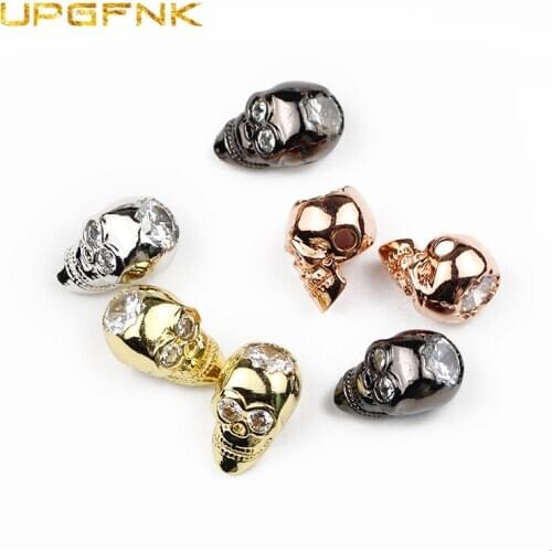 UPGFNK 4pcs Inlay Crystal Skull Pendant Copper Spacer beads white zircon metal charm Loose beads for Jewelry making bracelet DIY