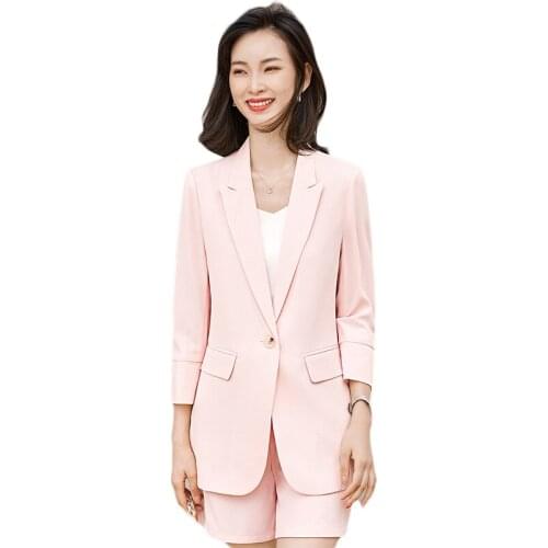 Spring Fall Fashion Pink Blazer Women Business Suits Formal Office Suits Work Uniforms Ladies Shorts and Jacket Sets