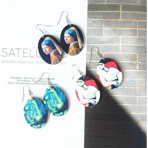 Vintage Oil Painting Drop Earrings Simple Exaggerated Personality Geometric Oval Wood Art Earrings for Woman Girl Jewelry Gift