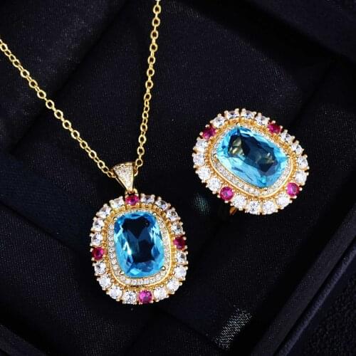 High Quality Sky Blue Topaz Necklace Luxury Pave Zircon Jewelry Set Gold Color Engagement Resizable Ring Gemstone Pendant Choker