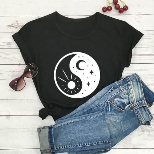 Sun Moon Stars Planet Print 100%Cotton Women Tshirt Unisex Funny Summer Casual Short Sleeve Top Nature Shirt Eco Life Tee