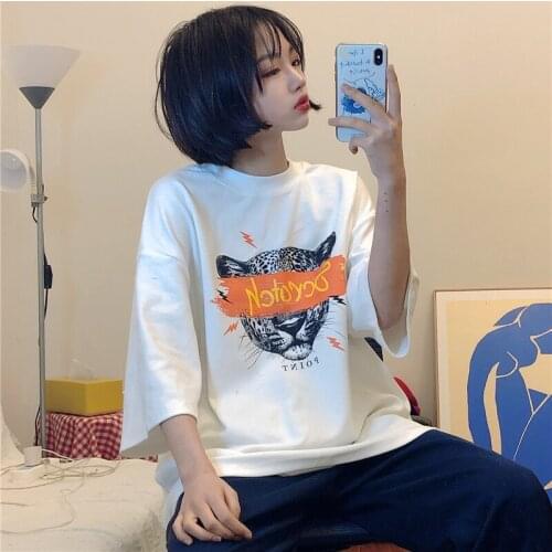 Womens T-shirts Tops Japanese Kawaii Ulzzang Tiger Pattern Letter Loose Print T-shirt Female Korean Harajuku Clothes For Women