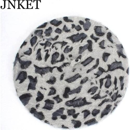 JNKET Leopard Print Winter Rabbit Hair Womens Beret Hat Warm Beanies Hat Brimless Hat Fashion Bonnet Hat Skullies