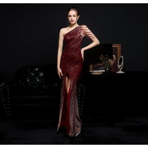 Dazzle Colour Beading Ladies Party Full Length Sequins One Shoulder Slit Brides Evening Dresses Wedding Elegant Prom Tassel Gown