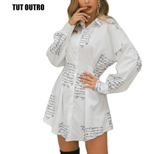 Autumn Womens Lapel Letter Print Shirt Dress Long Sleeve High Waist Dress Single Breasted Mini Dress VestidosZ449