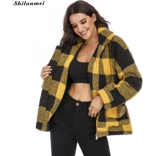 Black Plaid Women Teddy Coat 2020 Winter Warm Faux Fur Jacket Coat Zipper Plush Thick Casual Plus Size Lamb Plus Size Overcoat