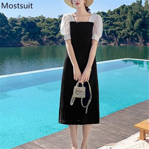 2021 Summer Vintage Women Dress Short Sleeve Square Collar Gauze Spliced Long Dresses Elegant Fashion Ladies Vestidos Femme