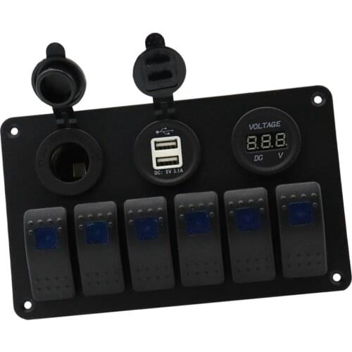 6 Gang Marine Rocker Switch Panel Waterproof with Digital Voltmeter & Dual USB Port & Cigarette Lighter Socket (Blue LED)
