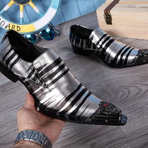 Christia Bella Classic Big Size Bullock Carved Pointed Toe Man Silvery Zebra-stripe Real Leather Shoes Mens Party Dress Shoes