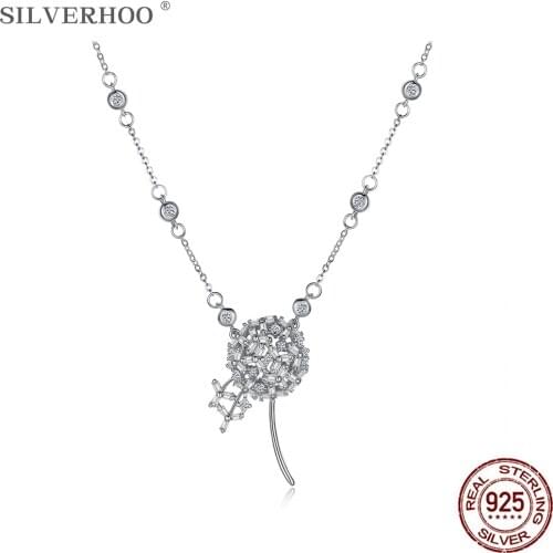 SILVERHOO Trendy Dandelion Necklace Pendant Shining Zircon Choker Necklaces For Women Sterling Silver 925 Jewelry Romantic Gift