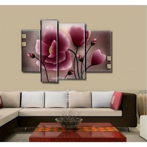 4pcs/lot Hand Pianted Purple Magnolia Flowers Canvas Oil Painting For Living Room Art Home Decor On Wall