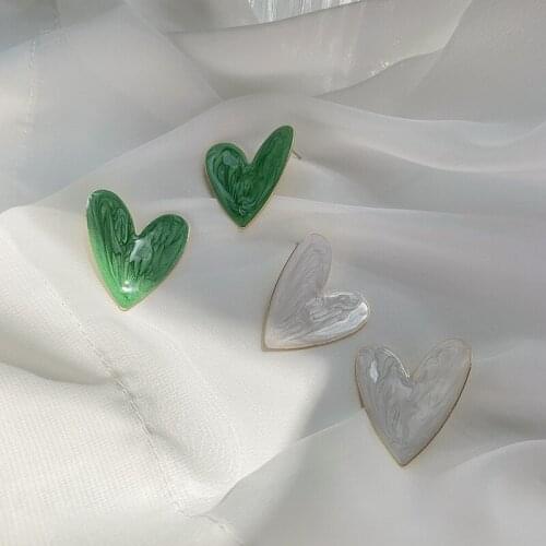 Korean Fashion Sweet Glazed Big Heart Stud Earrings for Women Alloy White Green Color Love Kpop Jewelry MS442
