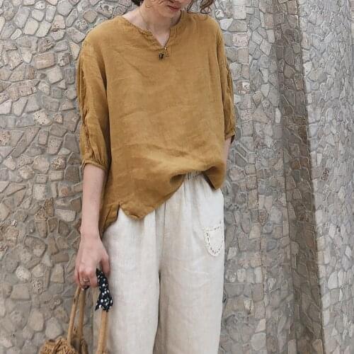 Summer new womens large art cotton and linen Pullover linen middle sleeve shirt 2020-04