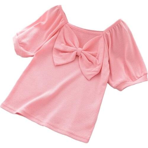 Cute Girls Top 2021 Summer New Girl Korean Bubble Sleeve Princess Style Big Bow Shirt Baby Blouse Gray 3 Color 2-7 Years