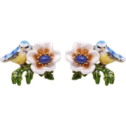 French Style Fashion Temperament Niche Blue Bird Earrings Female Enamel Glaze Super Fairy Flower Ear Clip Without Pierced Ears
