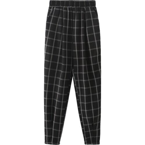 2020 Fashion Plus size 5XL Plaid Straight-leg Pants Women Spring Autumn Elastic waist High waist Loose Casual Pants Female KW111